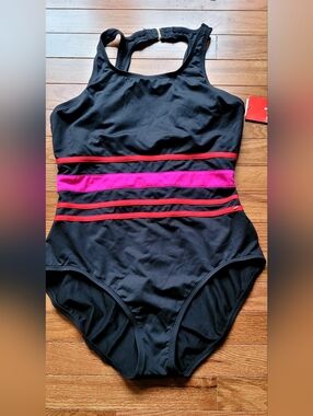 Women's Black One-Piece Swimsuit. Pink & Red Accents. Cole Of CA. Size 16. NWT.